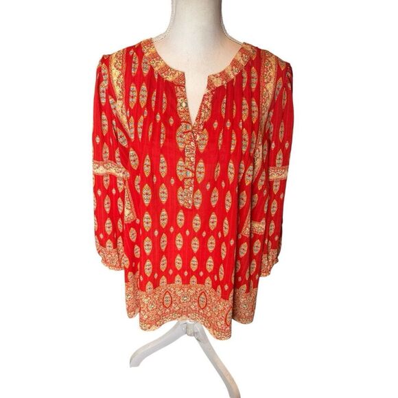 ROSE & OLIVE PEASANT BLOUSE BOHO-CHIC PINTUCK PLEATS RED LONG SLEEVE Sz 2X - Picture 1 of 3